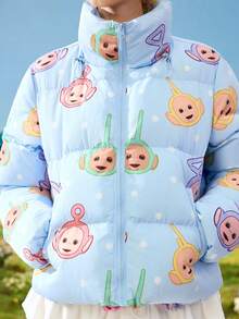 Teletubbies X ROMWE 女士保暖印花拉链立领羽绒服，冬季 - 藍色 - 查看 2