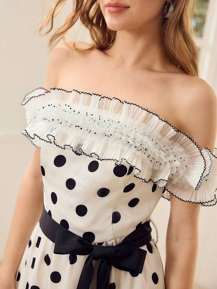 POLKA DOT PRINT CONTRAST MESH DRESS
