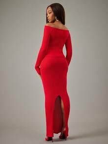NYA SZN Matching Set (Top & Skirt) Top Long Sleeve Fitted Off The Shoulder Tie Detail Cut Out Maxi Skirt Fitted Festive Holiday Spring Break Winter Spring Knit Knitwear Rib Knit Outfits For Women - Red - View 2