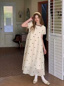 DAZY Teen Girls' Casual Vacation Style Full Butterfly Embroidery Puff Sleeve Waist Cinched Mini Dress, Summer - Apricot - View 4