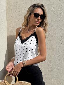 Serisse 女士休闲优雅黑白波点撞色蕾丝刺绣网纱吊带背心，夏季波点上衣，女士外出上衣，情人节女士上衣，海滩女士上衣，生日女士上衣，夏季上衣，夏季，情人节，狂欢节，派对，婚礼，生日，优雅，度假，休闲，夏季上衣，女士狂欢节服装 - 黑與白 - 查看 4