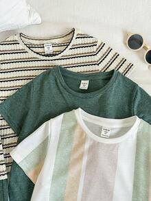 Set 6 pcs Unisex untuk Anak Laki-laki/Perempuan, Kaos Lengan Pendek Bergaris Kasual dan Celana Pendek, Pakaian Modis Musim Semi/Panas - Hijau - View 6
