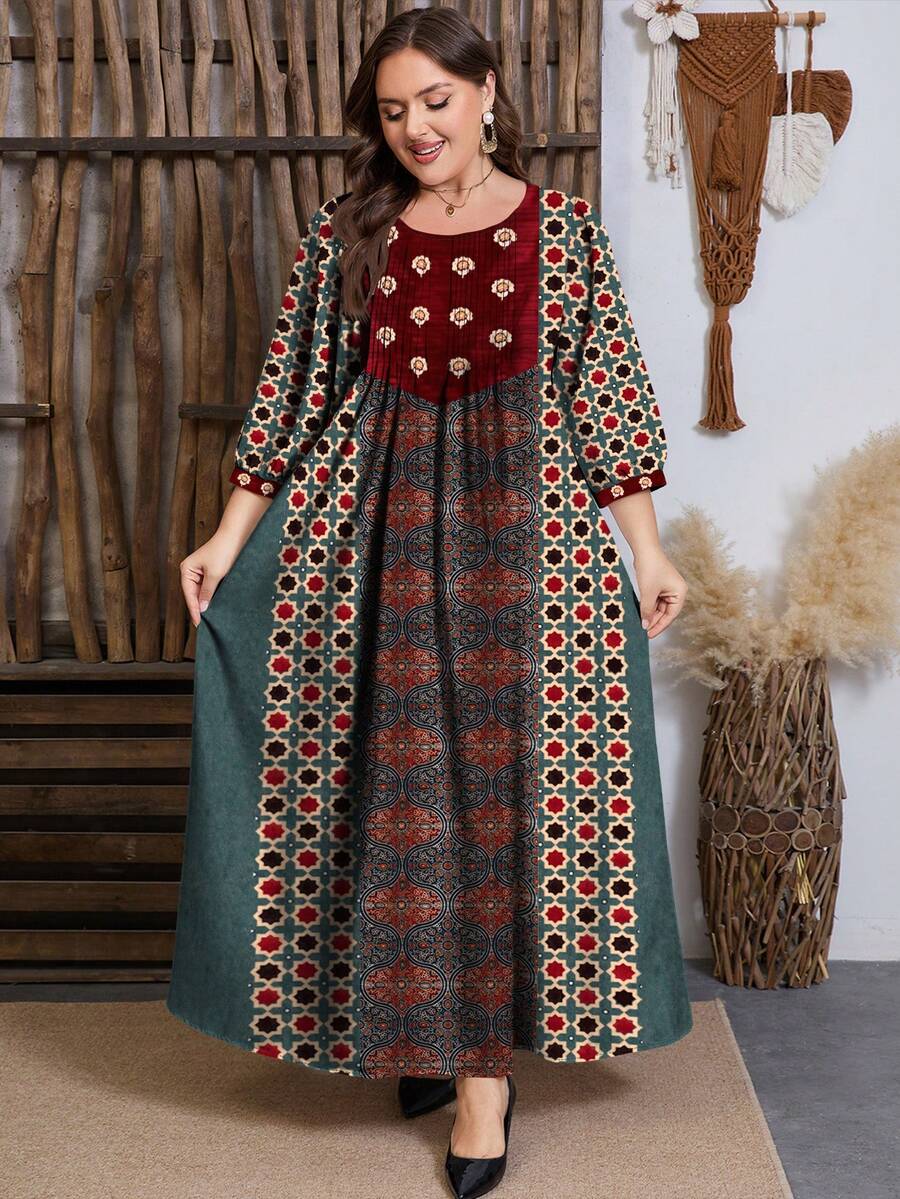 SHEIN Najma 大码女式伊斯兰图案及花卉印花拼接圆领褶裥收腰长裙,春季 - 彩色 - 查看 1