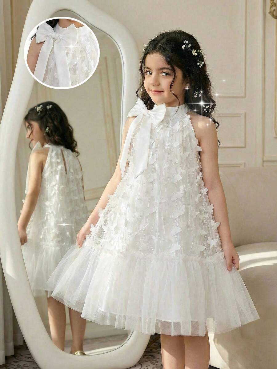 Vestido infantil feminino com gola alta, estampa de borboletas e patchwork em tule. Ideal para uso casual, diário e festas. - Branco - Ver 1