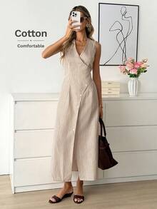 Easowa V领交叉腰带蝴蝶结A字无袖条纹休闲连衣裙，轻松优雅，适合工作场合，春夏皆宜 - 彩色 - 查看 7