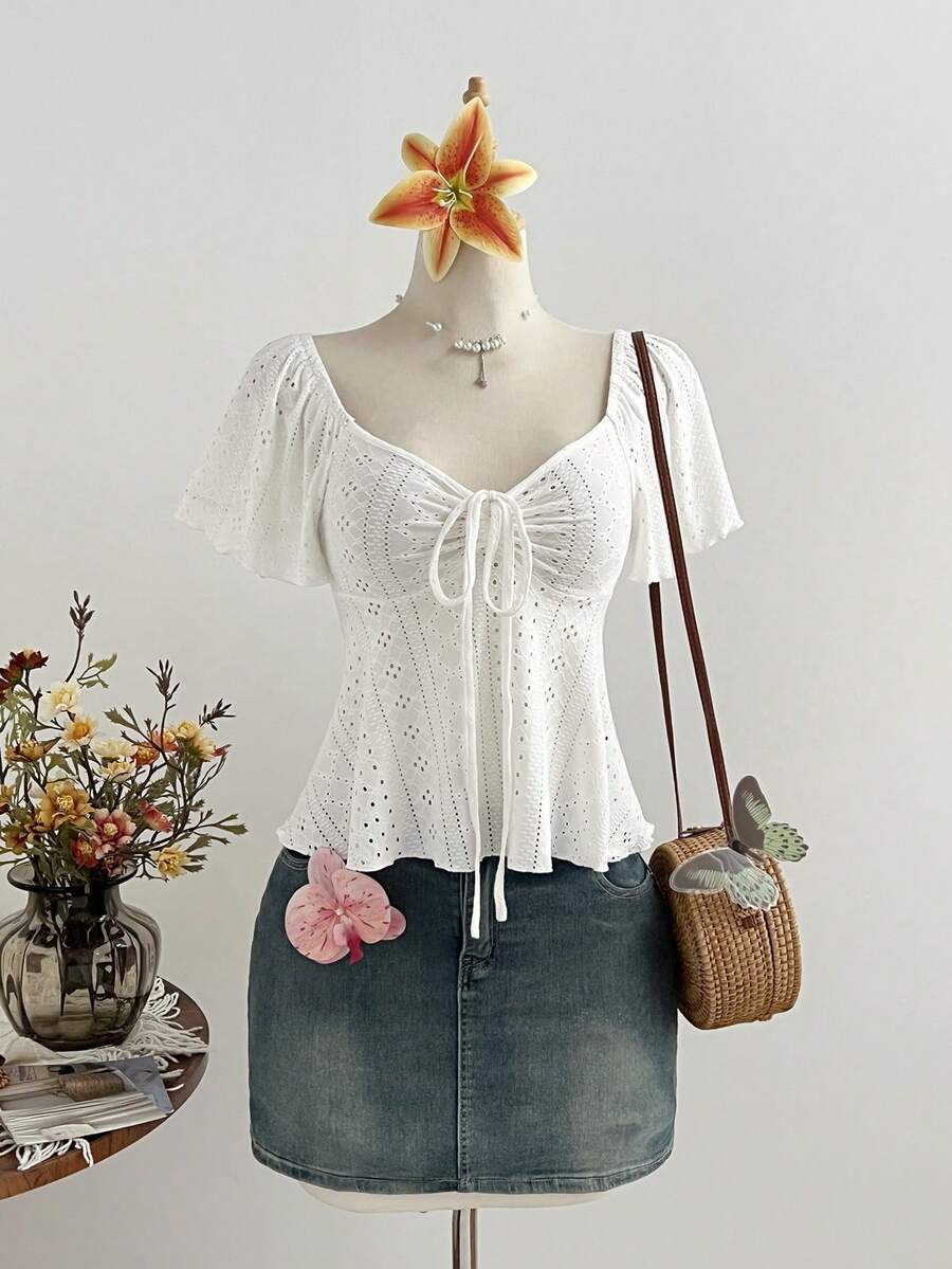 Elamini French Style White Knit Jacquard Drawstring V-Neck Short Sleeve Slim Fit Casual Versatile Women Top - White - View 1