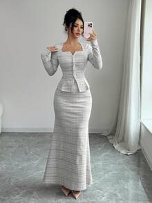 Elenzga 两件套女士优雅通勤格子弹力上衣和鱼尾裙套装 - 黑與白 - 查看 6