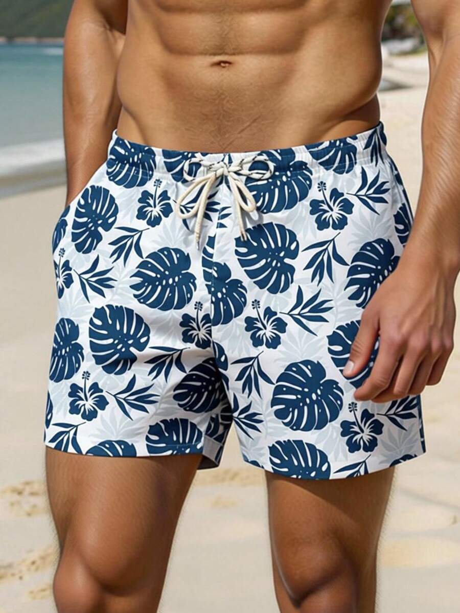 Manfinity Swimmode Men's Tropical Plant Print Drawstring Waist Pocket Beach Shorts - Black - View 1