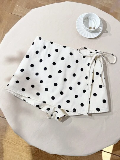 Comfortcana Plus Size Contrast Polka Dot Print Denim Shorts Summer Outfit For Women Spring Clothes Women Easter Shorts Women Beach Outfit For Women Going Out Shorts Vacation Outfits Women  Casual Shorts For Women Casual Outfit For Women Polka Dot Shorts White Shorts Womens Polka Dot Print Shorts Skorts With Tie Waist Fashion Summer Hot Pants