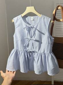 SHEIN 少女蓝白条纹休闲优雅度假风露肩褶皱短款T恤 - 藍白色 - 查看 1