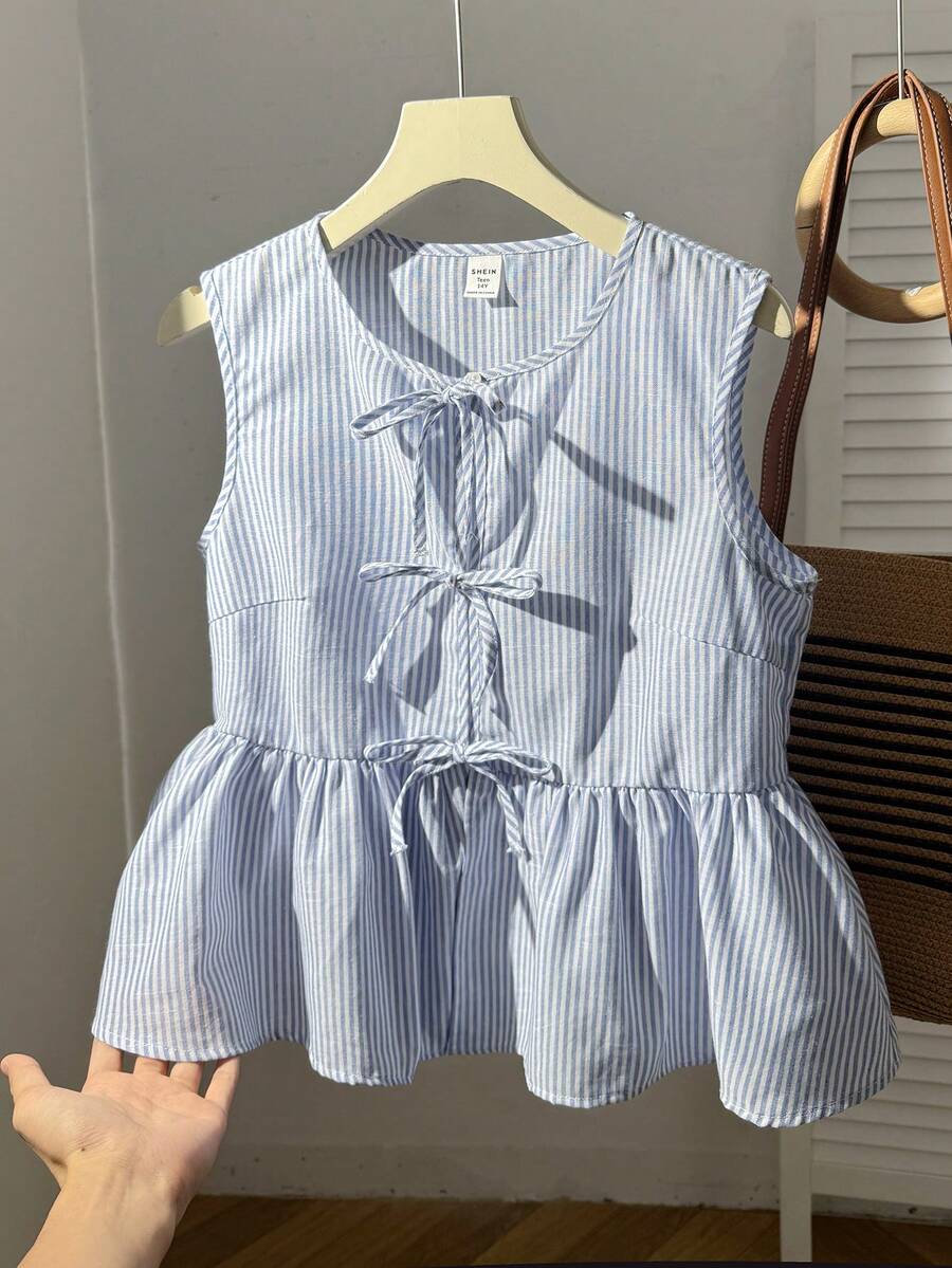 SHEIN 少女蓝白条纹休闲优雅度假风露肩褶皱短款T恤 - 藍白色 - 查看 1