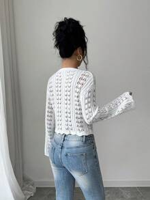 Selianne 女士优雅修身镂空纹理喇叭袖开衫，春夏款 - 白色 - 查看 2