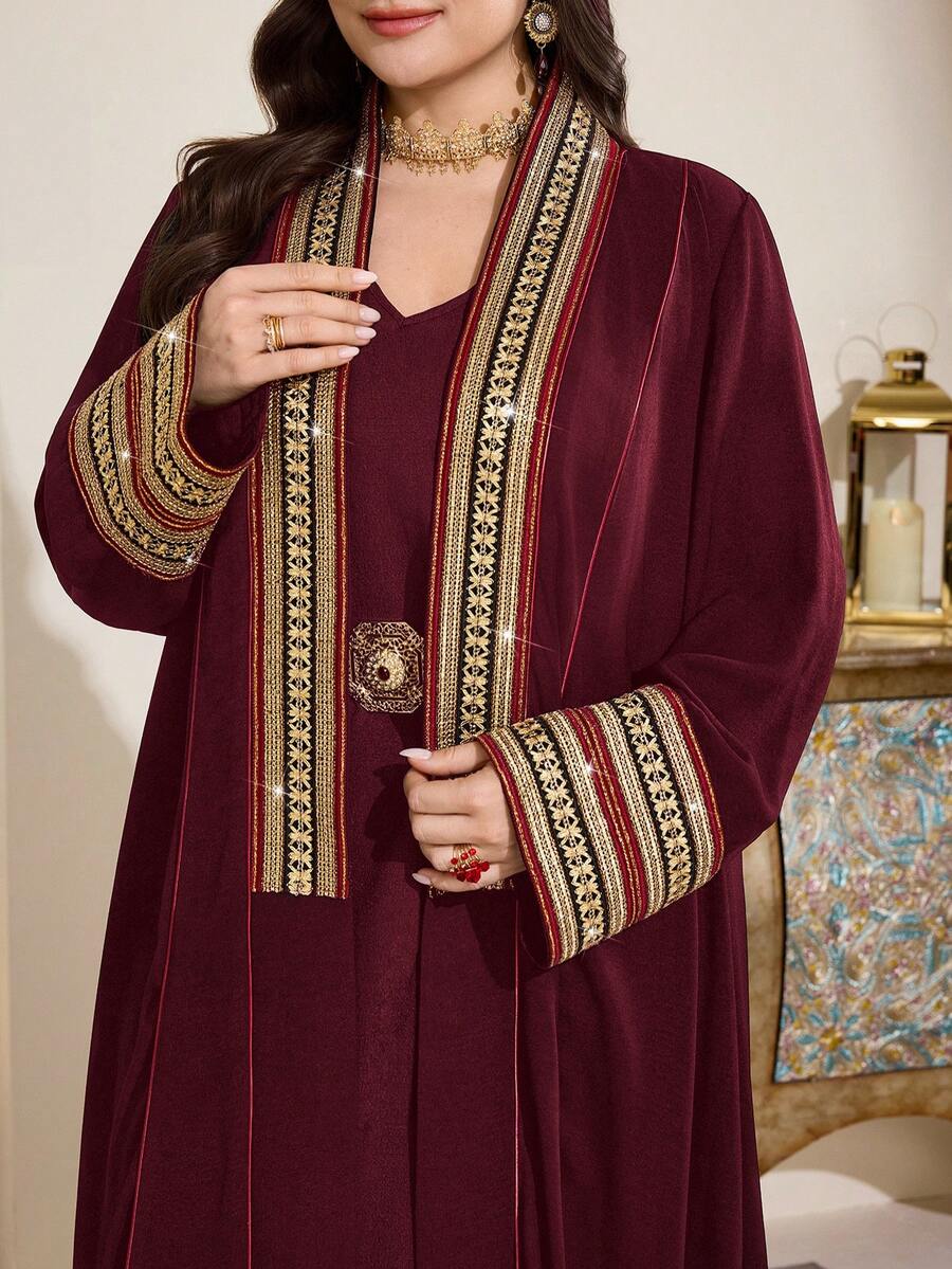 Al Najma Áo Abaya dệt kim thời trang và thanh lịch dành cho phụ nữ cỡ lớn - Màu Đỏ Sâu - Xem 1