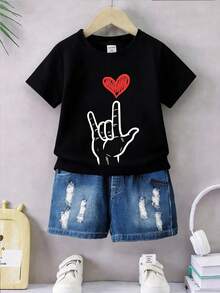 6个月-3岁婴幼儿男童情人节爱心字母印花圆领短袖套头T恤，婴幼儿服装，男童服装，男童上衣，男童套头衫，男童短袖T恤，适合情人节、派对、休闲穿着，甜美酷炫风格，爱心装饰，适合春夏穿着 - 黑色 - 查看 5