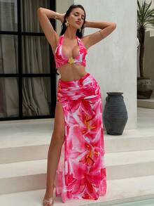 Swim SXY 3件套女士夏季沙滩泳衣，随机印花露背比基尼上衣、下装和薄纱长裙性感泳装套装 - 粉色 - 查看 3