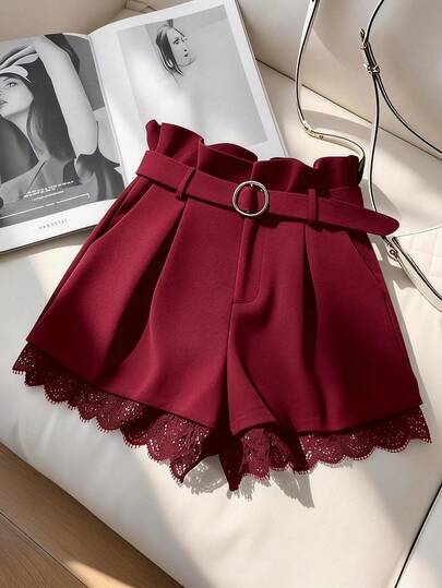 GlowEve CURVE 大码女士优雅通勤/办公室纯色纸袋腰带拼接褶皱短裤，夏季