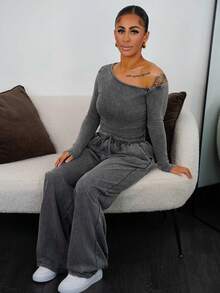 SAYEHFBABY Women's Daily Wear Essentials Knit Stretchy Comfy Asymmetrical Neck Long Sleeve Tops And Wide Leg Sweatpants Tracksuit,2pcs,French Grey - Grey - View 4
