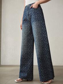 MOTF PREMIUM WOMEN'S FASHIONABLE LEOPARD JACQUARD WIDE LEG JEANS - Blue - View 1