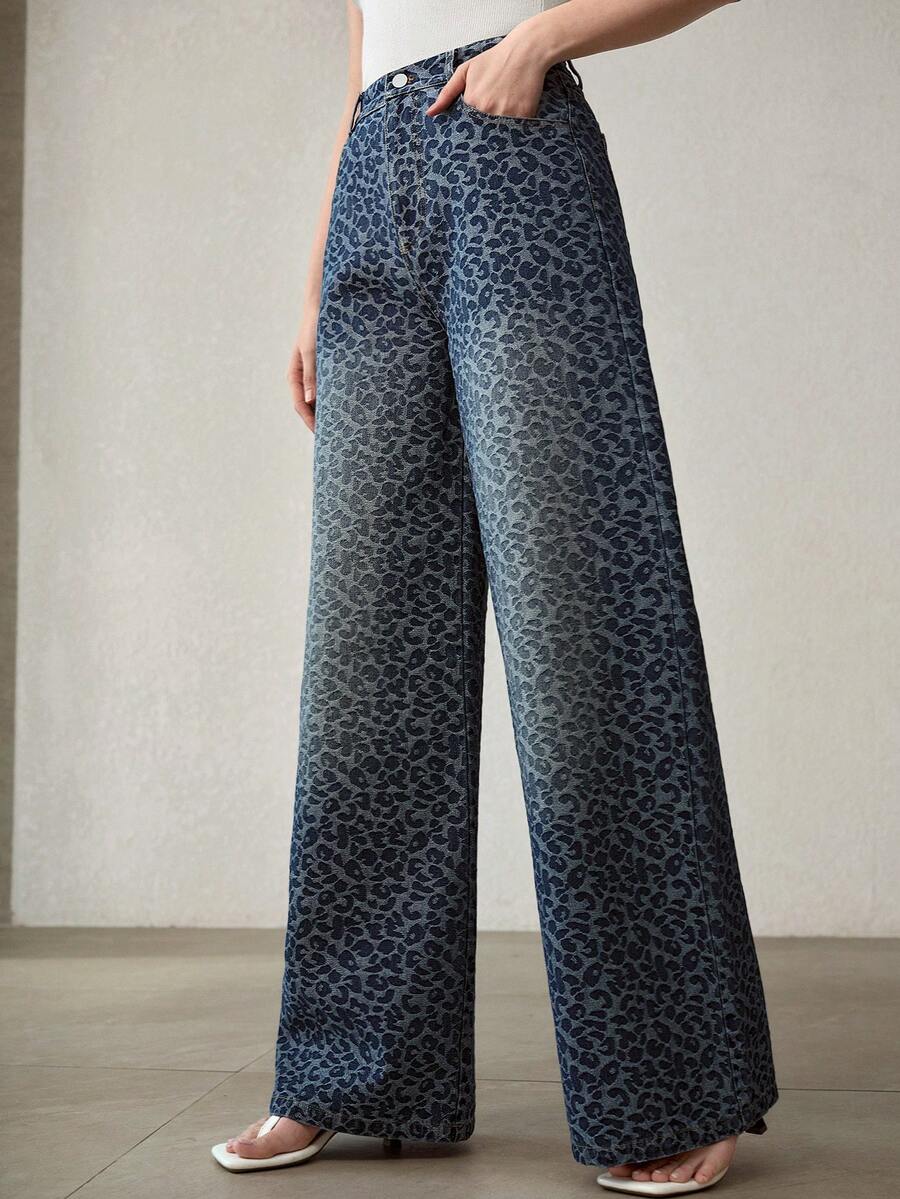 MOTF PREMIUM WOMEN'S FASHIONABLE LEOPARD JACQUARD WIDE LEG JEANS - Blue - View 1