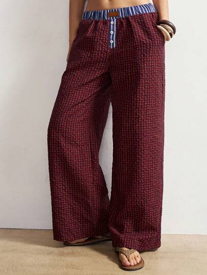 Bohemela 波西米亚风度假休闲格子拼接宽松直筒裤（女款）