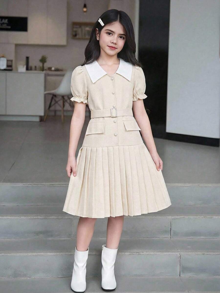 SHEIN 少女款纹理面料撞色领褶裥下摆连衣裙 - 杏色 - 查看 1