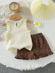 SHEIN Vintaside Kids 女婴可爱提花背心和提花短裤套装，春夏款 - 棕色 - 查看 2