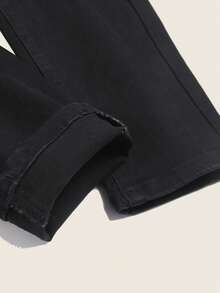 Manfinity Homme Quần jeans nam màu trơn, kiểu dáng thường ngày, có đai lưng và chi tiết rách, dễ phối đồ. - màu đen - Xem 7
