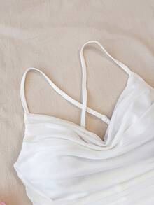 SHEIN Teen Girls Casual Vacation White Mesh Plunging Neck Backless Mini Dress, Short White Dress, Summer Dress, Ruched White Dress - White - View 3