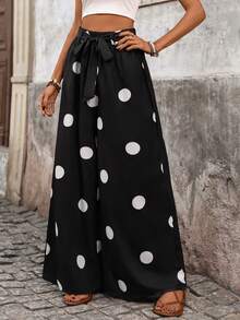 Pariaura Pantalones de pierna ancha con estilo francés y lunares con presillas para cinturón para mujer - Negro - Ver 4