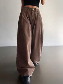 DAZY 女士常规腰围褶裥长款宽松休闲牛仔裤 - 棕色 - 查看 4