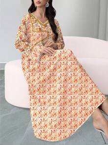 SHEIN Najma 女士橙红色花卉植物撞色数码印花V领长袖优雅阿拉伯风格长款连衣裙，春夏款 - 彩色 - 查看 4