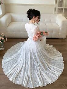 DAZY Women's Lace Fabric Waist Cinched A-Line Flare Sleeve Long Sleeve Elegant Fitted Dress - White - View 4