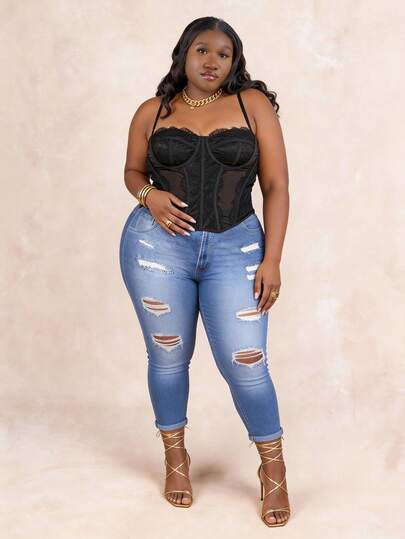 CurvyTilda 大码时尚蕾丝拼接紧身胸衣吊带上衣