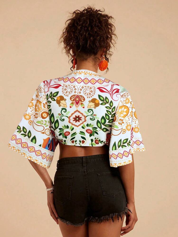 Travachic Camisa casual de mujer con escote en V profundo, estampado todo sobre tejido, para vacaciones - Blanco - Añade 4