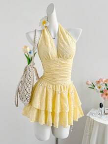 Elamini Đầm ngắn nữ màu vàng dệt jacquard cổ chữ V sâu hở lưng, eo nhún bèo, gấu đầm xếp ly đôi, thanh lịch, tối giản, ngọt ngào, dễ thương, lãng mạn, thích hợp cho kỳ nghỉ, đi biển, hẹn hò hàng ngày, đa năng, mùa xuân/hè. - Màu vàng - Xem 5