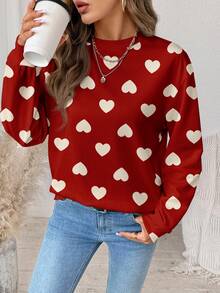 SHEIN LUNE Casual Retro Elegant Commute Versatile Warm Valentine's Day Couple Outfit Red & White Small Heart Print Pattern, Comfortable Loose Fit Crew Neck Long Sleeve Sweatshirt For Women, Suitable For Autumn/Winter - Multicolor - View 5