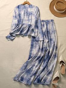 Louniche Blue Tie-Dye Textured 2 Pieces Set, Artistic Patterned Top And Relaxed Fit Pants, Casual And Commuter Outfit For Spring/Summer - Blue - View 2