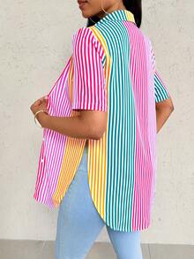 Xyvia Camisa casual de mujer de manga corta con botones y rayas de colores - Multicolor - Ver 2