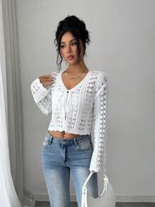 Selianne 女士优雅修身镂空纹理喇叭袖开衫，春夏款 - 白色 - 查看 7