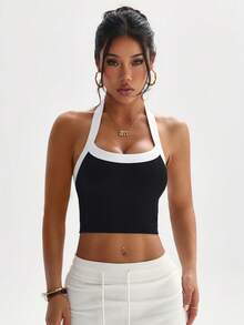 Dewbera 女士休闲运动撞色露背吊带背心 - 黑色 - 查看 6