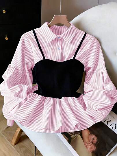 GlowEve Women's Blue Striped Patchwork Ribbed Fabric Collared V-Neck Cinched Waist Irregular Ruched Long Sleeve Blouse, Sophisticated Design, Elegant For Birthday, Date, Party, Formal Occasion, Cocktail, Music Festival, Valentine's Day, Easter, Labor Day, Back To School, Single's Party, Festive, Work, Spring Shirt, New Arrival, Niche Design, Versatile, Sophisticated Long Sleeve Patchwork Shirt Top