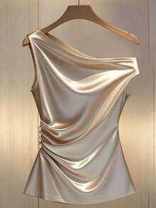 Franclia Elegante, ajustado, plisado, con botones, hombros descubiertos, top de satén con pliegues dorados drapeados. Perfecto para el verano, fiestas o como top rosa. - Champán - Ver 1