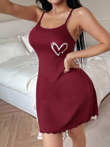 极简休闲心形印花吊带迷你睡裙 - 酒紅色 - 查看 3