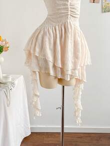 Soleia Romantic Vacation Halter Knit Mesh Blue Printed Dress For Women - Beige - View 6