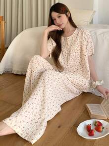DAZY Floral Textured Chiffon Fabric Women's Pajama Set - Beige - View 7