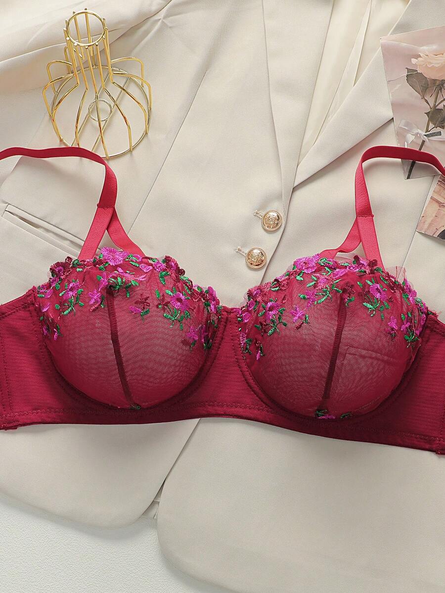 DesireSculpt 1pc Plus Size Mesh Embroidered Underwire Bra - Burgundy - View 1