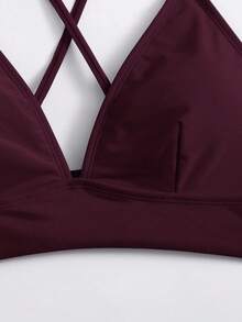 Swim Basics Top de bikini sexy de unicolor con diseño cruzado para mujer, ideal para la playa de verano - Rojo violeta - Ver 4