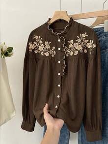 SHEIN Frenchy 女士花卉刺绣荷叶边长袖单排扣休闲衬衫 - 咖啡棕 - 查看 3
