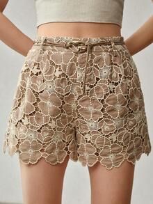 MOTF PREMIUM 女士夏季薄款高腰宽松阔腿刺绣短裤 - 棕色 - 查看 4