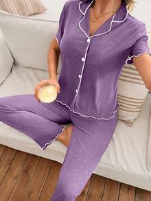 SHEIN 女士经典简约紫色V领短袖上衣和裤子家居服套装，休闲睡衣 - 紫色 - 查看 5